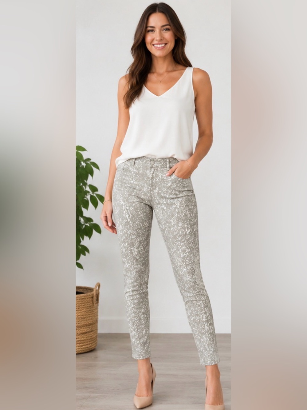 SPANX Gray Speckled Pull-On Skinny Ankle Pants | Size Large | Shaping Stretch